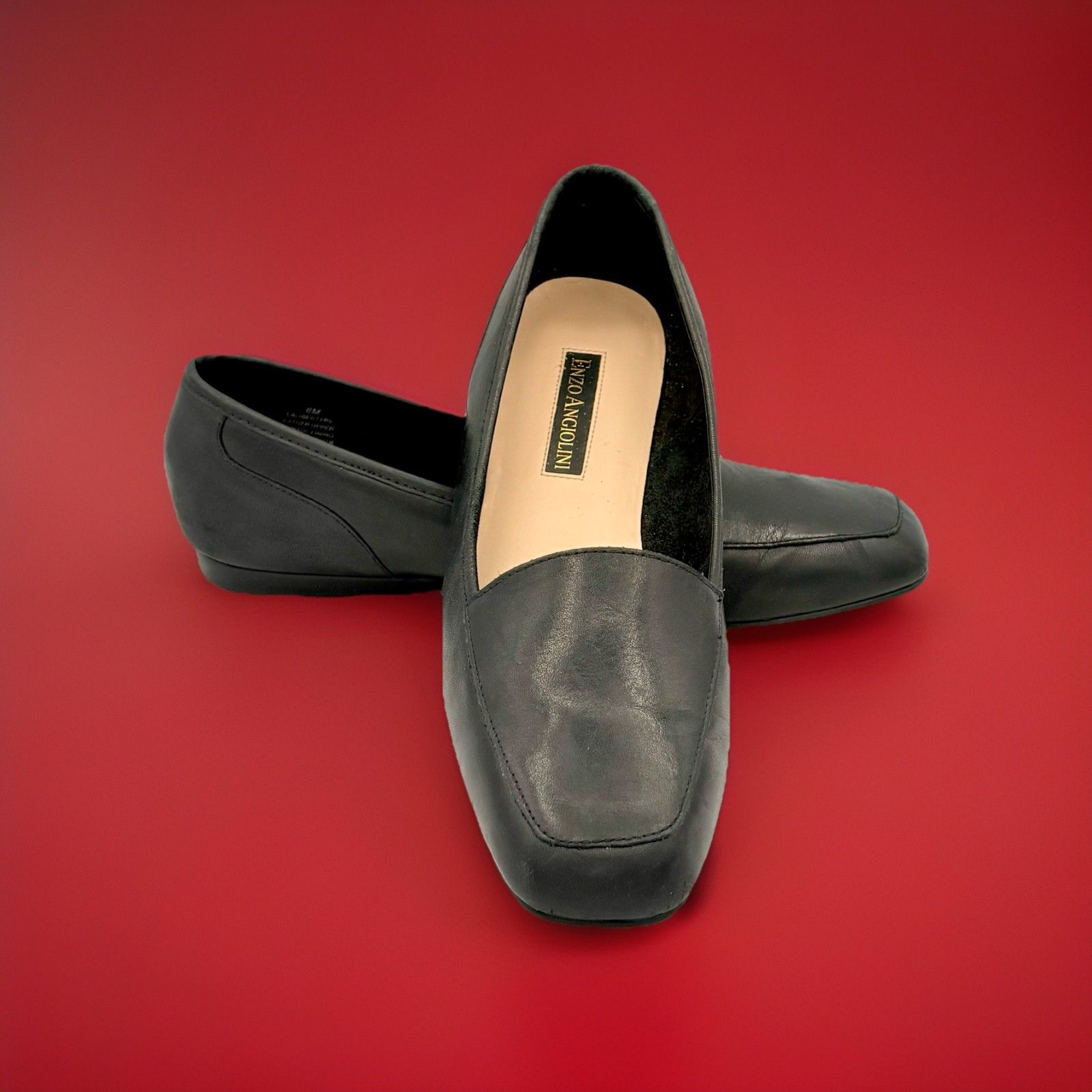 Enzo Angiolini Liberty Black Leather Slip On Loafers Square Toe Flats Size 8m